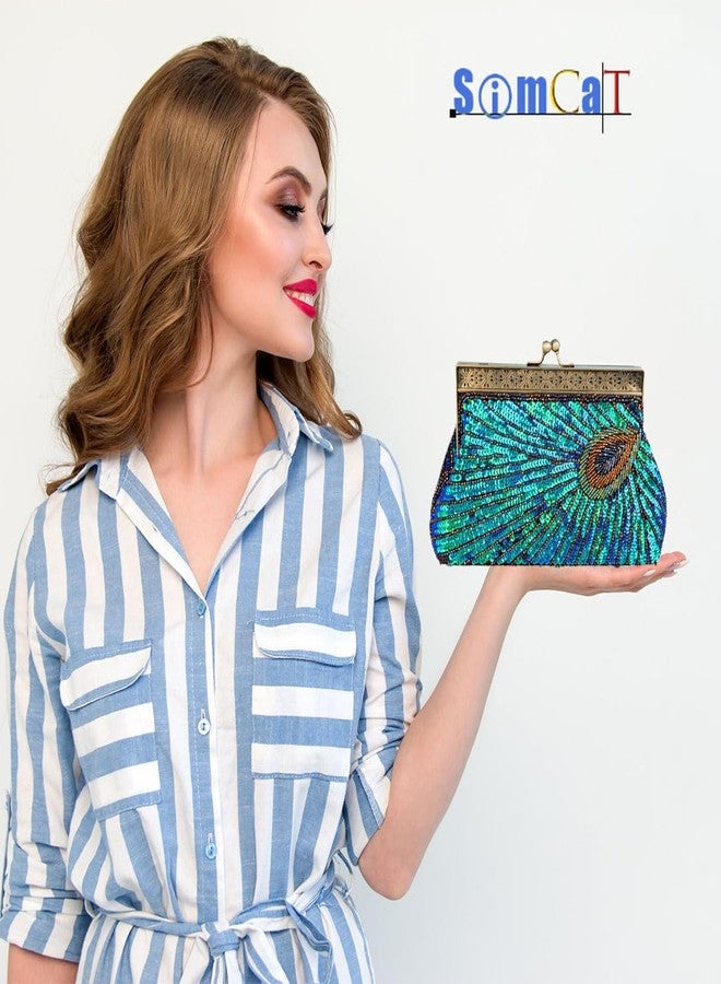 Simcat Women's Sequin Beaded Evening Bag Retro Peacock Clutch Bridal Purse Vintage Sparkly Handbag for Party Wedding Cocktail - Image 4